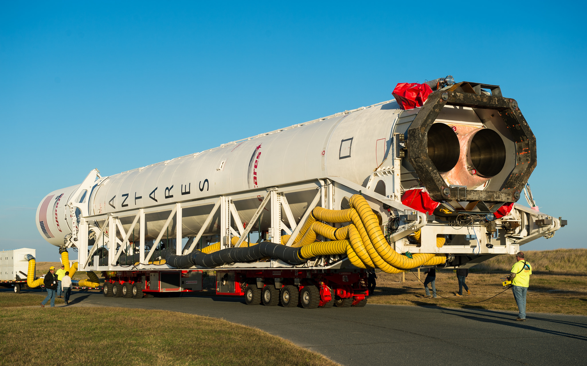 The Antares rocket's AJ26 engines are seen during the booster's rollout to the launch pad at Wallops Island, Va. Credit: NASA/Joel Kowsky