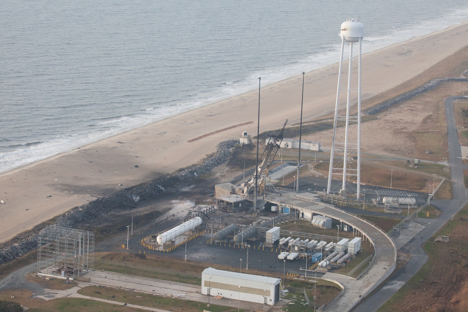 An aerial view of the Wallops Island launch facilities taken by the Wallops Incident Response Team on Wednesday. Credit: NASA/Terry Zaperach